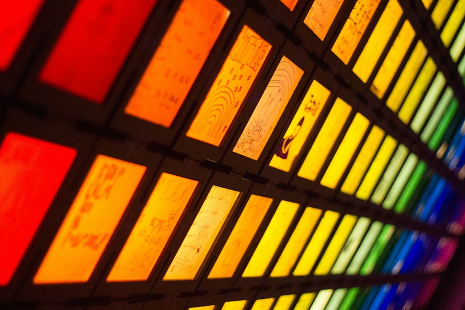 rainbow, lights, art, spectrum, night, squares, window, multi colored HD wallpaper
