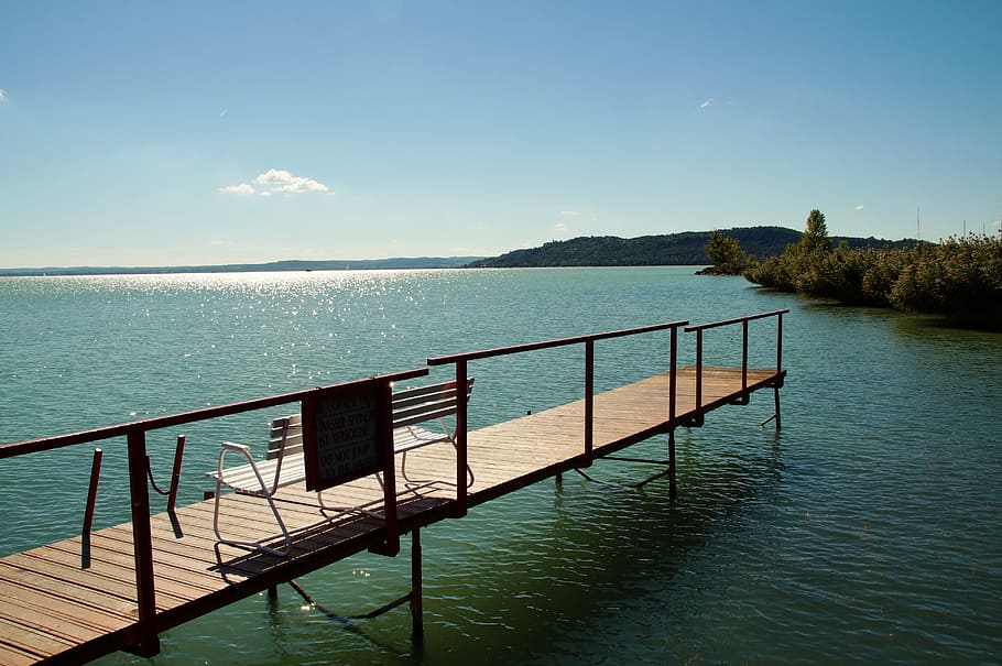 lake, balaton, pier, bench, bridge, summer, holidays, water HD wallpaper