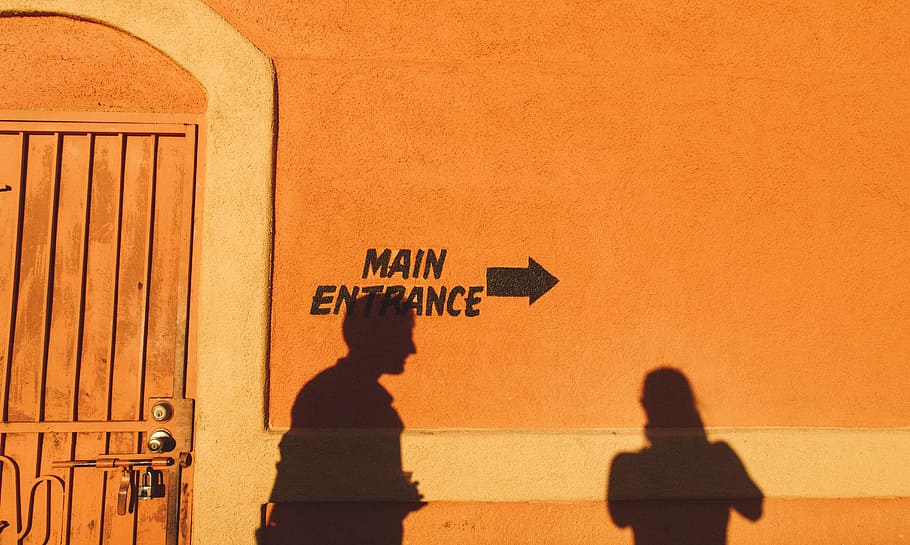 concrete, orange, wall, texture, building, door, entrance, sign HD wallpaper