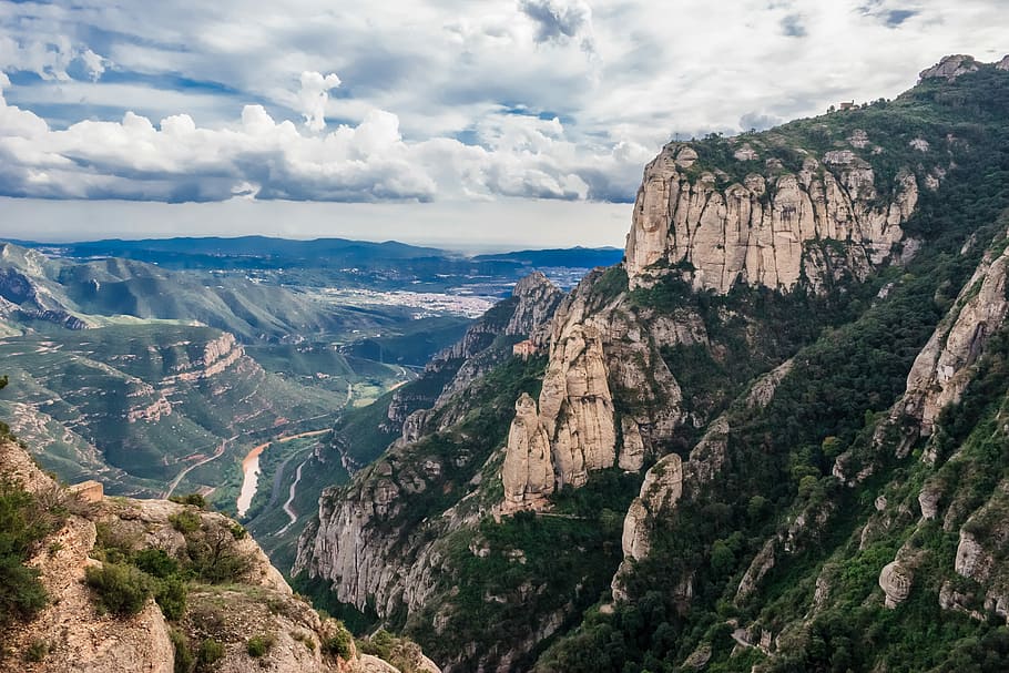 The Serrated Mountains - Montserrat, Spain, landscape photography of green and gray rocky mountains, HD wallpaper
