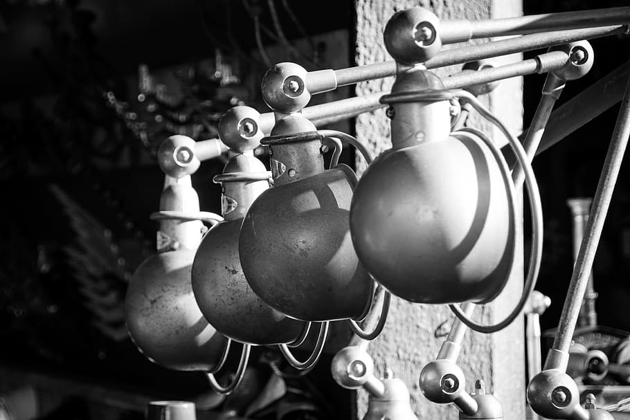lamps, technology, flea market, light, spotlight, metal, close-up HD wallpaper