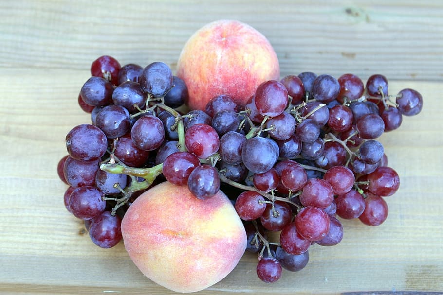 fruit, fresh, grapes, peaches, bunches of grapes, healthy, eating HD wallpaper