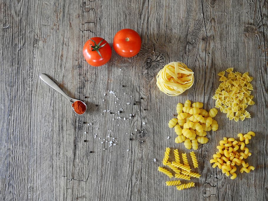 pastas and tomato on wooden surface, eat, cook, dine, kitchen HD wallpaper