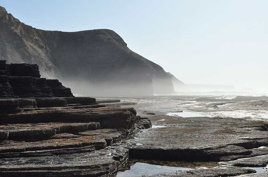 land formation near body of water, spray, cliffs, ocean, rocky coast HD wallpaper