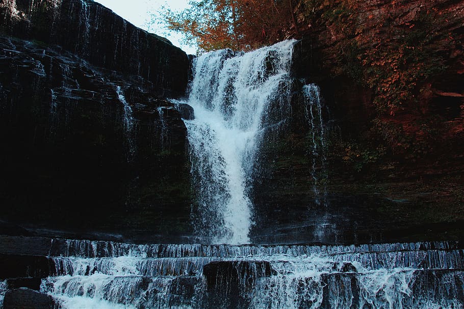time-lapse photography of waterfalls, black, day, rocks, trees HD wallpaper