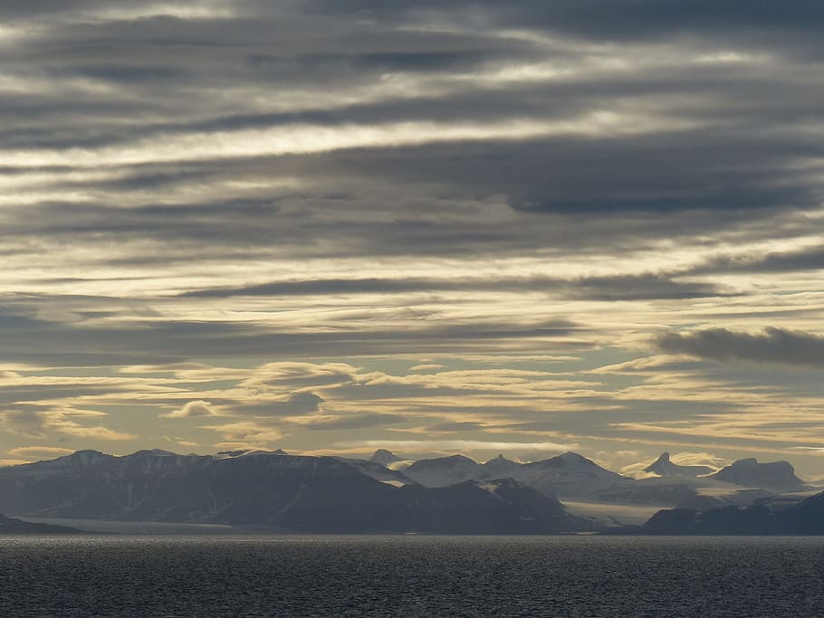 Spitsbergen, Sunset, Mountains, Sea, sky, lake, clouds, scenics, HD wallpaper