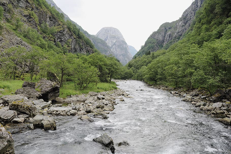river, landscape, flow, norway, landscape water, idyllic, mountain HD wallpaper