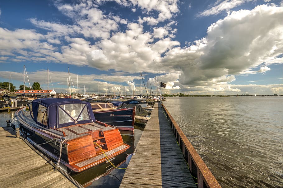 sky, lake, clouds, landscape, boats, water, nature, summer HD wallpaper