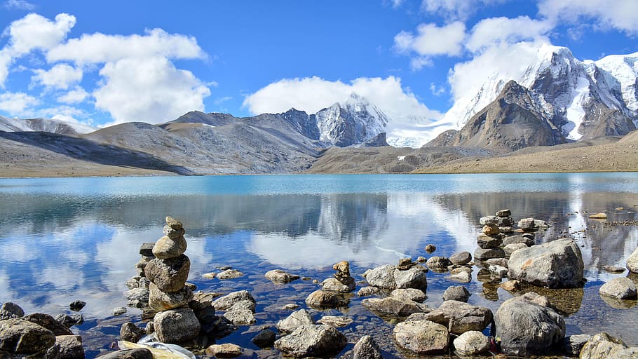 adventure, clouds, daylight, hike, lake, landscape, mountain HD wallpaper