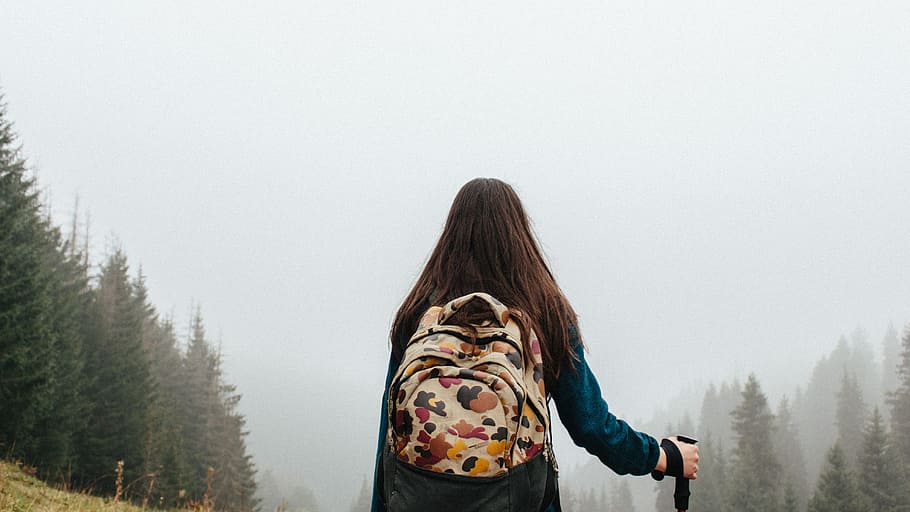 cold, nature, person, woman, back view, backpack, blur, close-up HD wallpaper