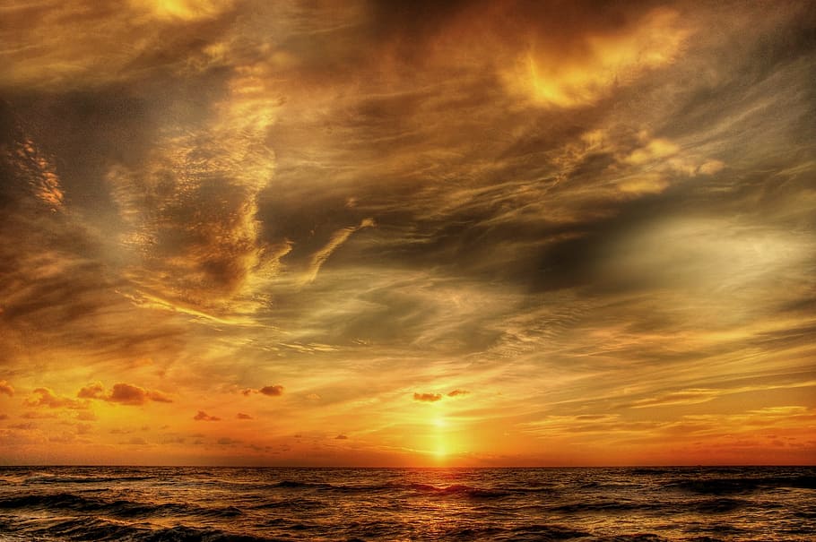 sunset on beach under white clouds, denmark, sky, sea, nature HD wallpaper