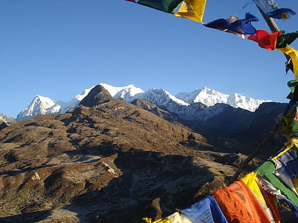 mountains under clear day sky, sikkim, flags, landscape, high mountain HD wallpaper