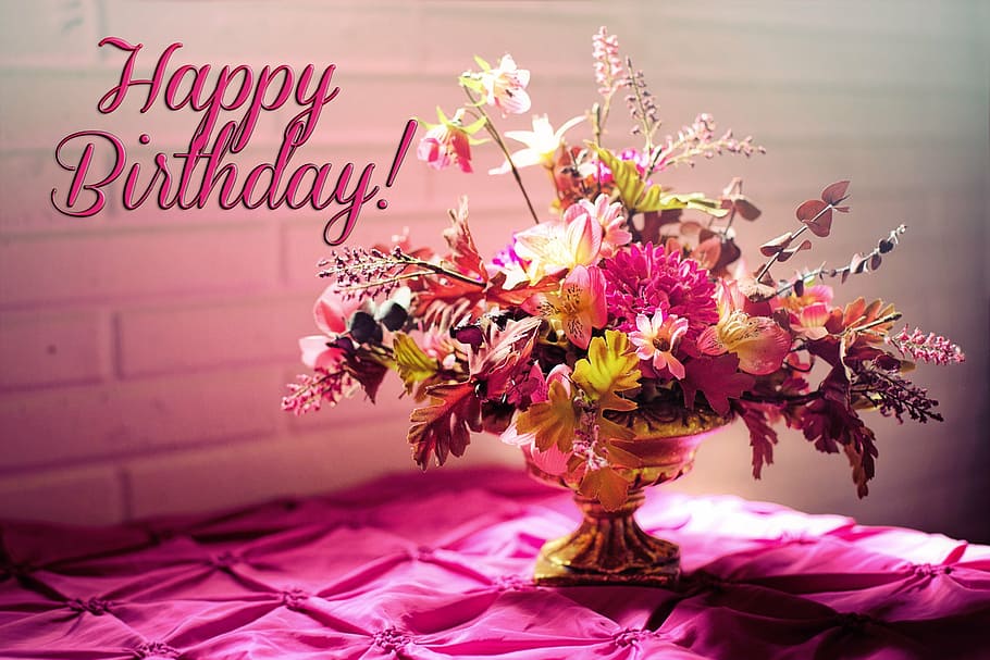 yellow and pink flowers in pot, happy birthday, birthday flowers, HD wallpaper