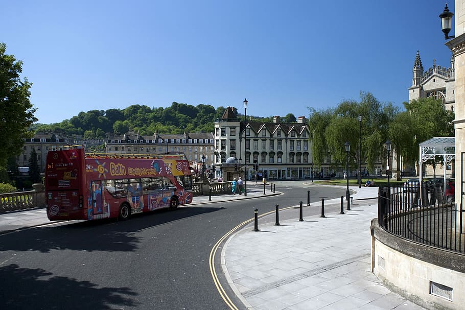 Bath Abbey, City, Centre, Tour Bus, sunshine, road, built structure, HD wallpaper