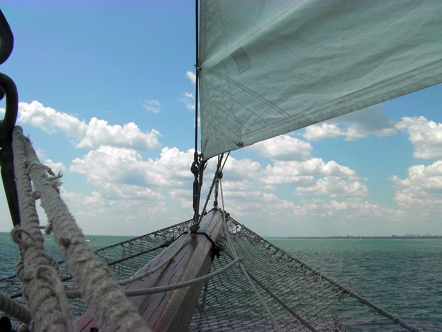 white textile, boat, blue, perspective, tall ship, net, sail HD wallpaper