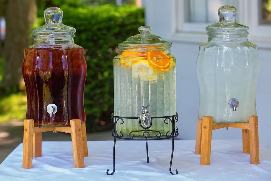 three clear beverage dispensers on top of table, ice tea, summer HD wallpaper