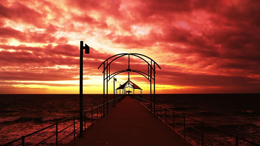 beach, clouds, dawn, dusk, ocean, pier, sea, seascape, silhouette HD wallpaper