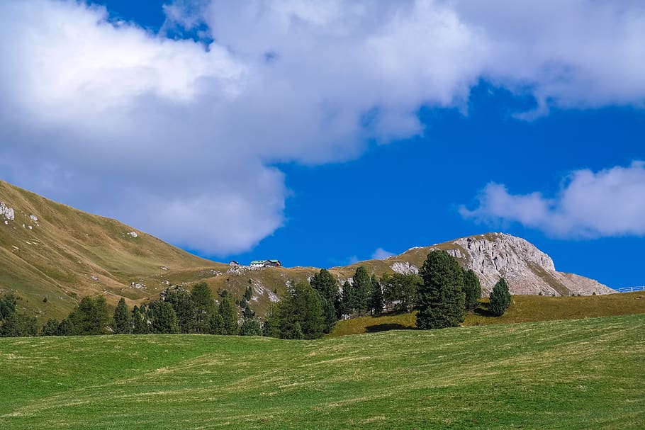 dolomites, mountains, alm, alpine, sky, clouds, nature, landscape HD wallpaper