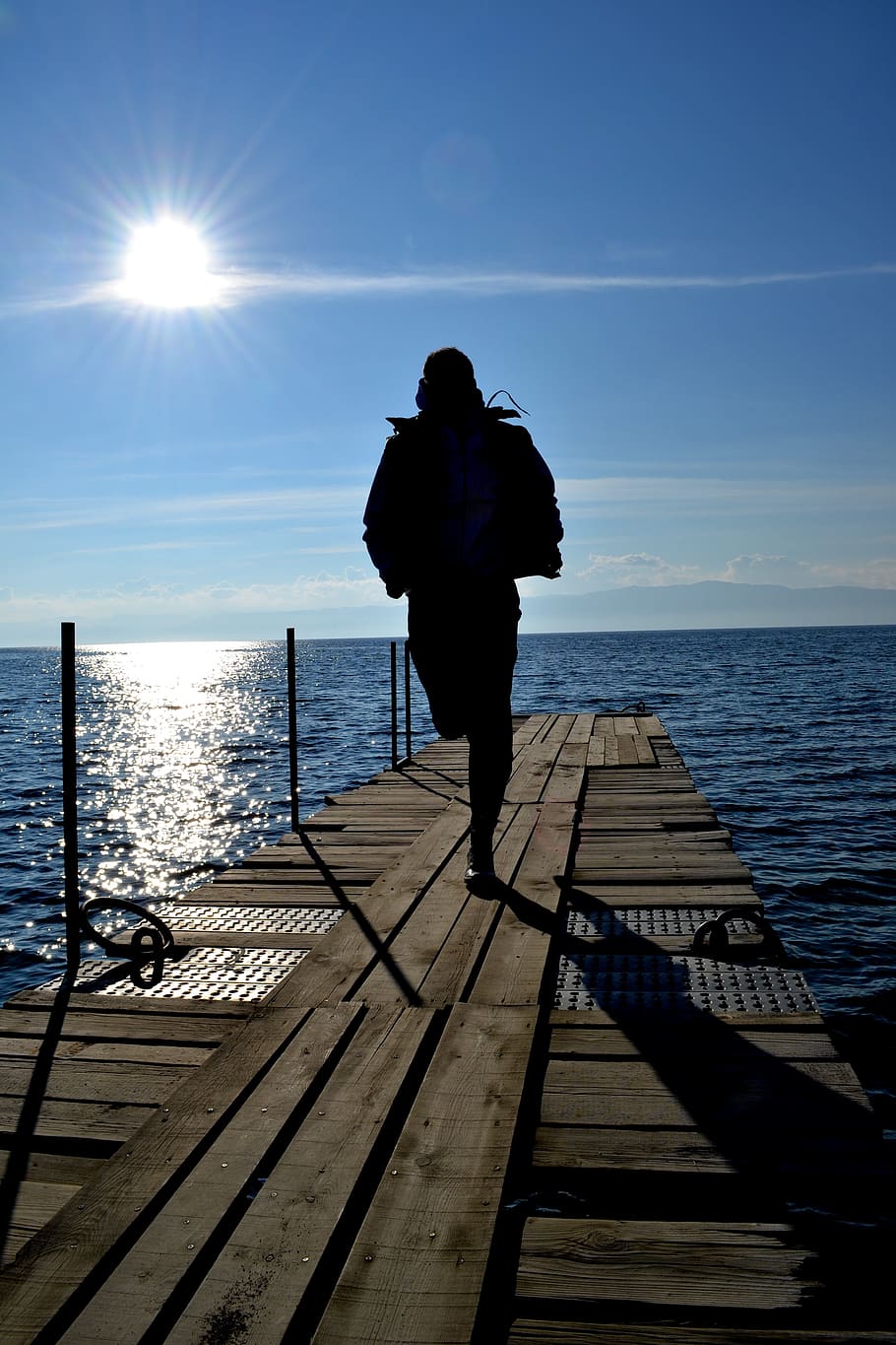run, dock, sun, sea, water, sky, real people, full length, rear view HD wallpaper