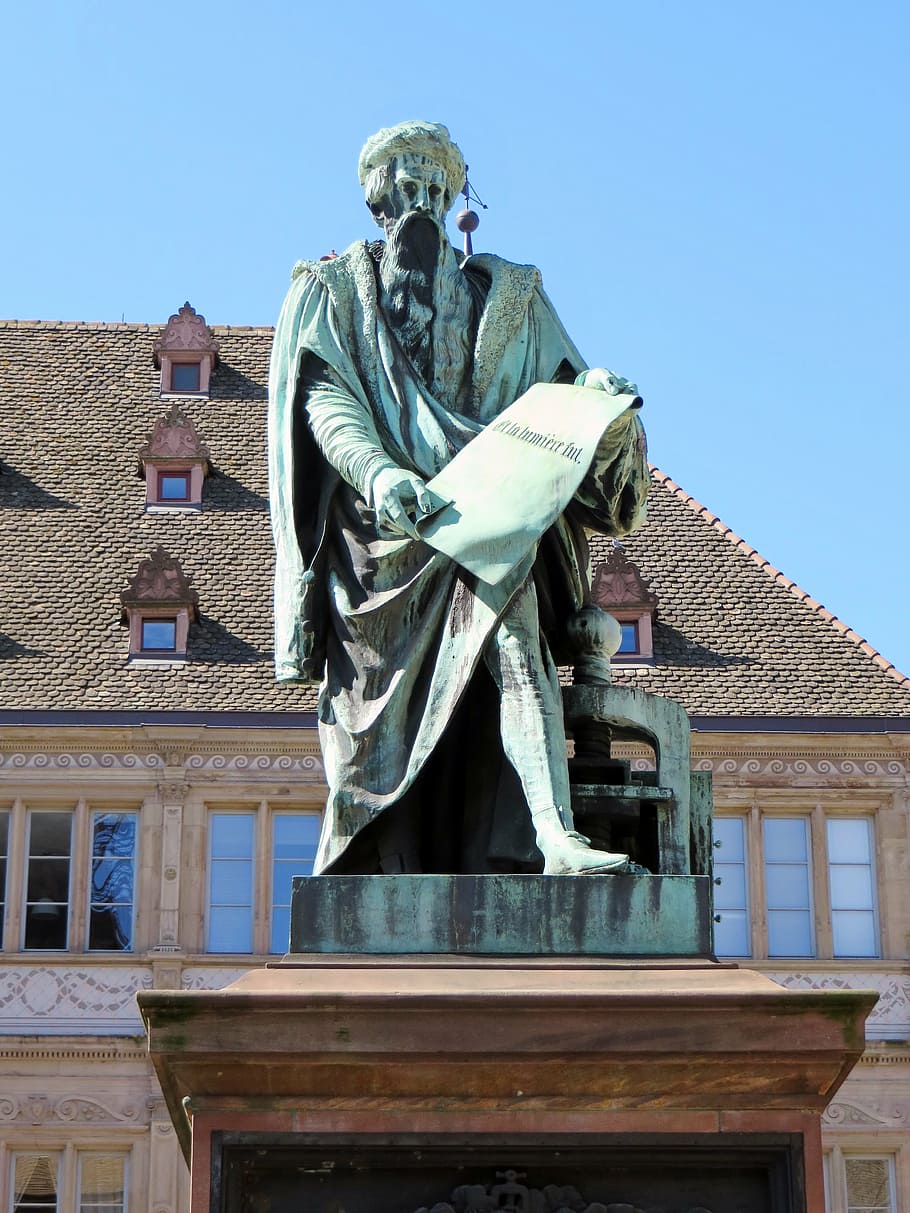 alsace, strasbourg, gutemberg, statue, bronze, printing house HD wallpaper
