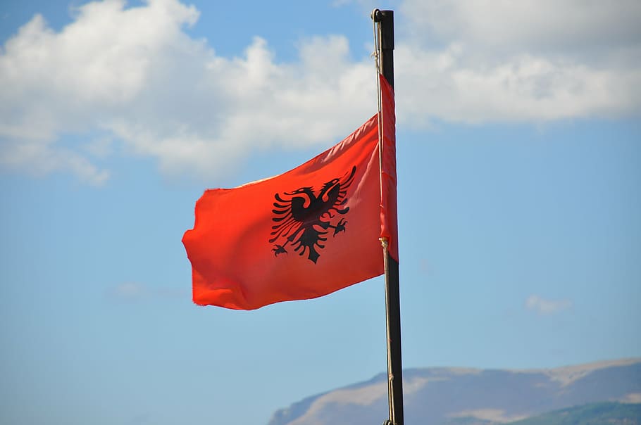 albania, national flag, balkans, symbol, patriotism, red, sky, HD wallpaper