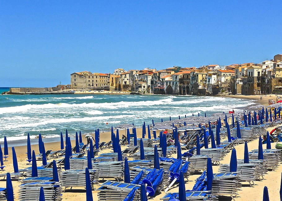 seaside, cefalu, sicily, chairs, shore, relax, holiday, beach, HD wallpaper