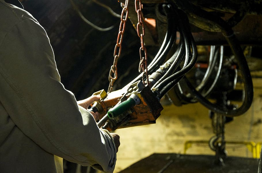 person holding black cables and chain, mine, underground, machine HD wallpaper