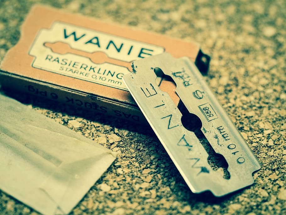 gray Wanie razor blade with box, shave, retro, male, shaving