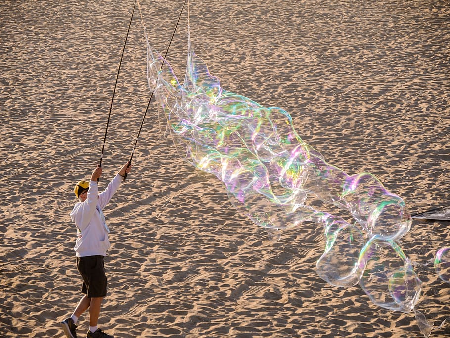 soap bubbles, sun, big, large, beach, fun, sand, land, one person HD wallpaper