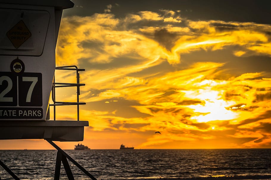 Sunset, Beach, Ocean, Lifeguard, Sea, beach sunset, water, sky HD wallpaper
