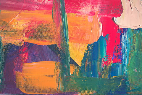 green, yellow, and red abstract painting, red, orange, purple, and green abstract painting HD wallpaper