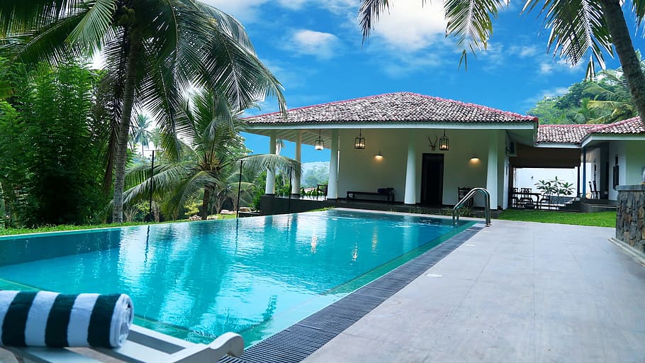 landscape photography of swimming pool, house, manor house, sri lanka