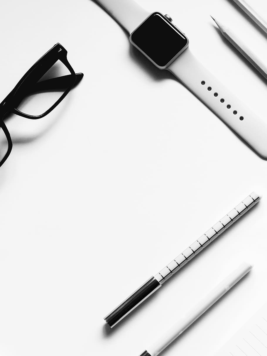 eyeglasses on white surface, Apple Watch, eyeglasses, and pen in table HD wallpaper