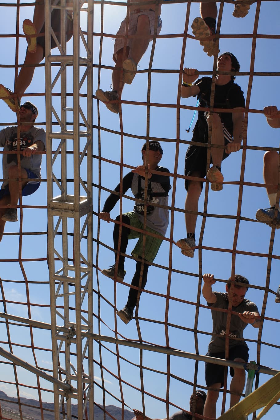 person climbing in rope, cargo net, challenge, athletic, obstacle HD wallpaper