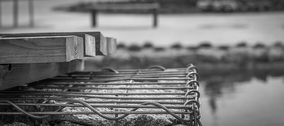 Board, Boards, Lagoon, Cage, Grid, Metal, black and white, atmosphere, HD wallpaper