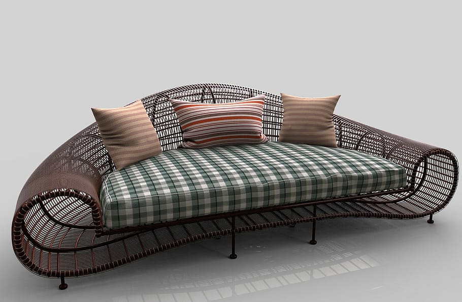 brown wicker sofa with plaid cushion and three throw pillows, HD wallpaper