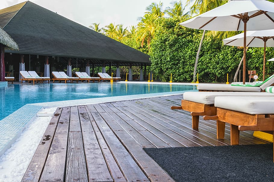photo of lounge near pool, Resort, Holiday, Travel, Sky, summer, HD wallpaper