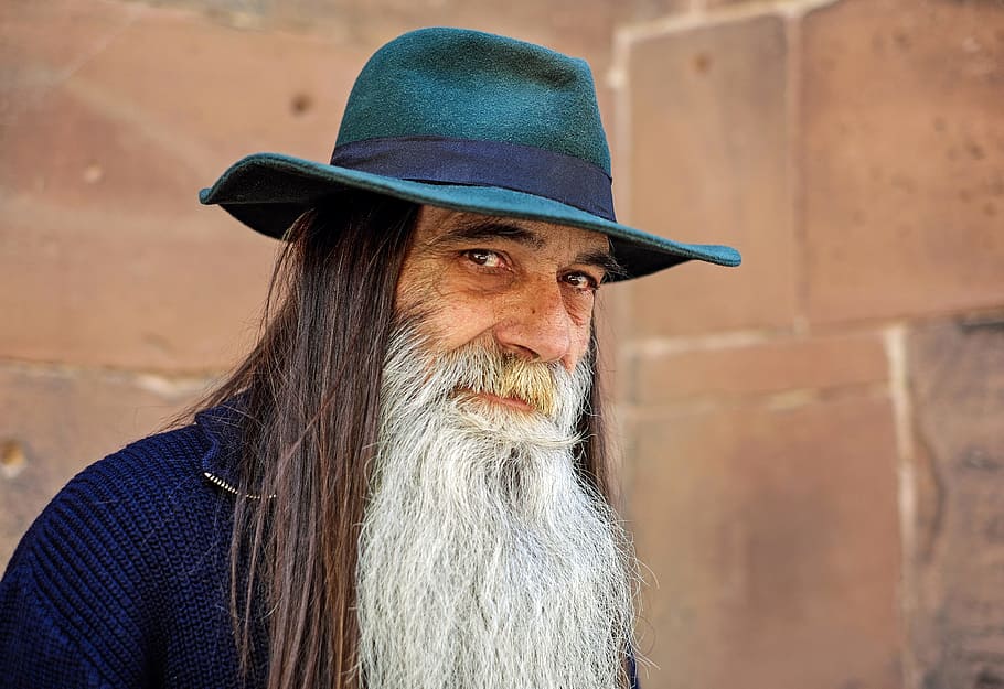 man wearing blue shirt with green fedora, human, face, view HD wallpaper