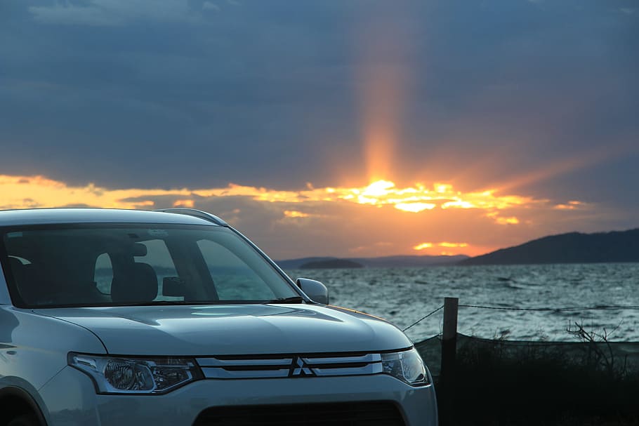 mitsubishi, sunset, outlander, sky, mode of transportation HD wallpaper