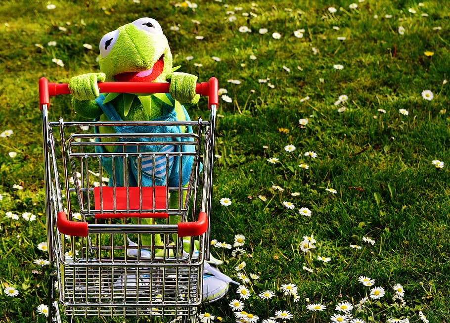 Kermit the frog holding shopping cart, fun, soft toy, stuffed animal