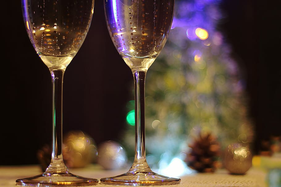 two champagne bottles, celebration, christmas, alcohol, drinking Glass HD wallpaper