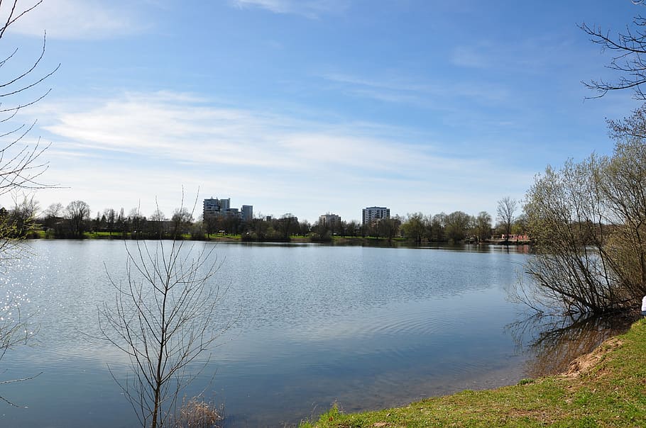 lake, water, clouds, sky, tree, plant, architecture, nature HD wallpaper