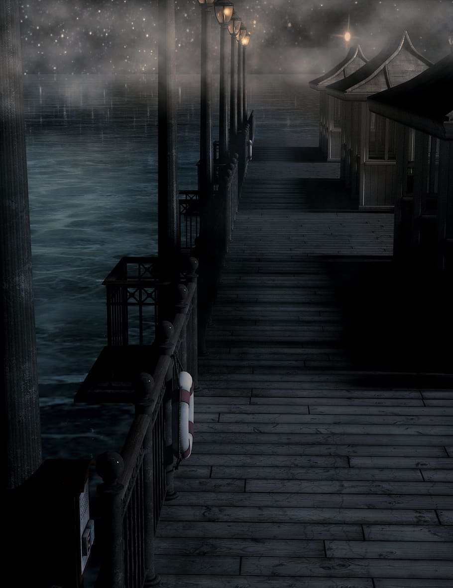 photo black wooden dock, web, night, fog, water, atmosphere HD wallpaper