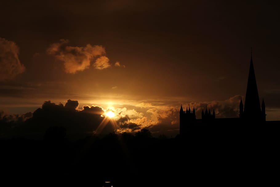 sunset, sky, dusk, orange, horizon, church, evening, sunlight HD wallpaper