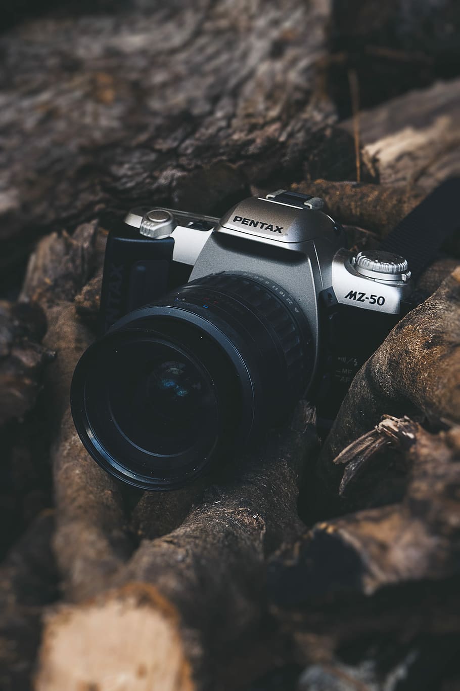 21 Years, black and gray Pentax MZ-50 camera on brown firewood HD wallpaper