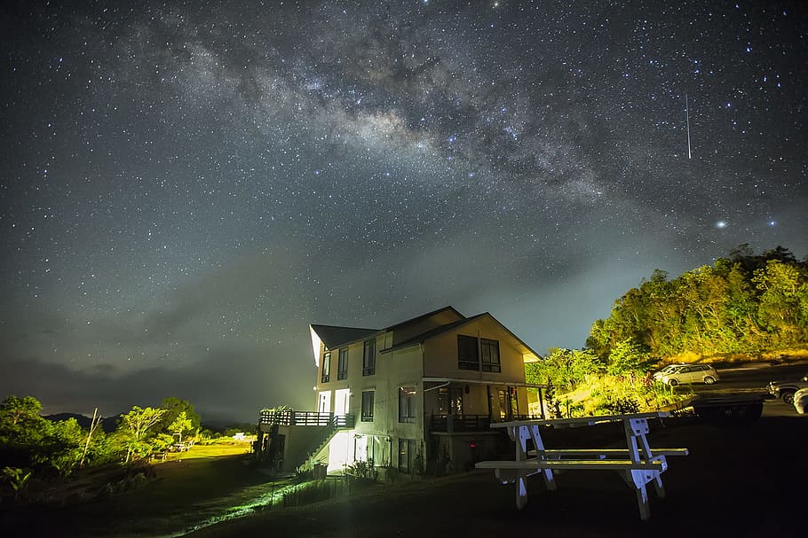 White Wall Paint House Under the Dark Sky With Stars, night, nightscape HD wallpaper