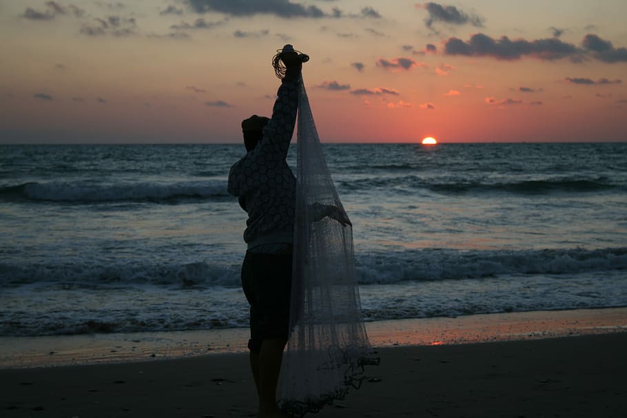 Fisherman, Sunset, Sea, beach, horizon over water, sky, silhouette HD wallpaper