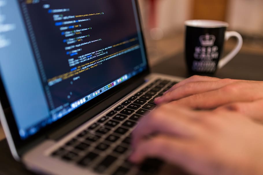 person using laptop, infront, gray, computer, programming, codes HD wallpaper