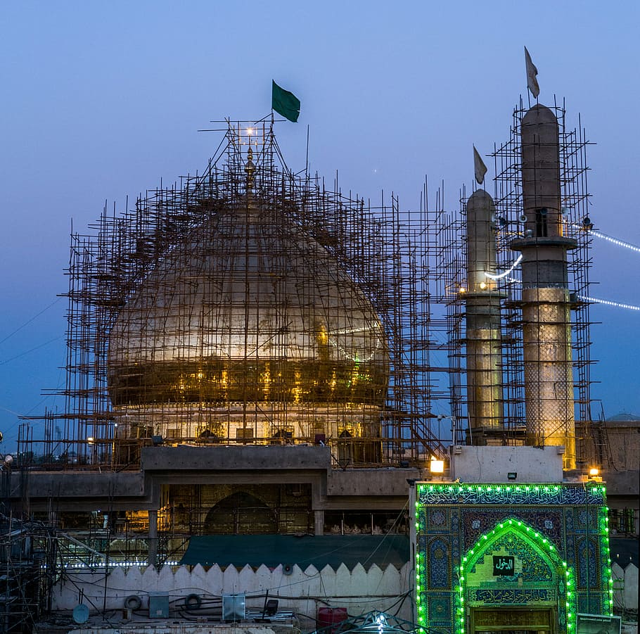 mosque under construction, al-askari mosque, repairs, minarets, HD wallpaper