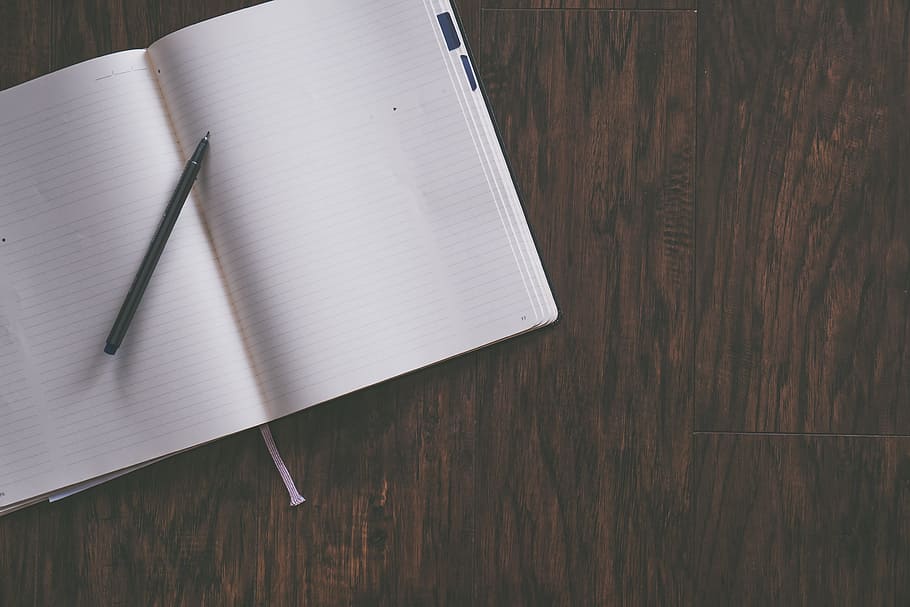 desk, notebook, pen, table, blank, composition, journal, page HD wallpaper